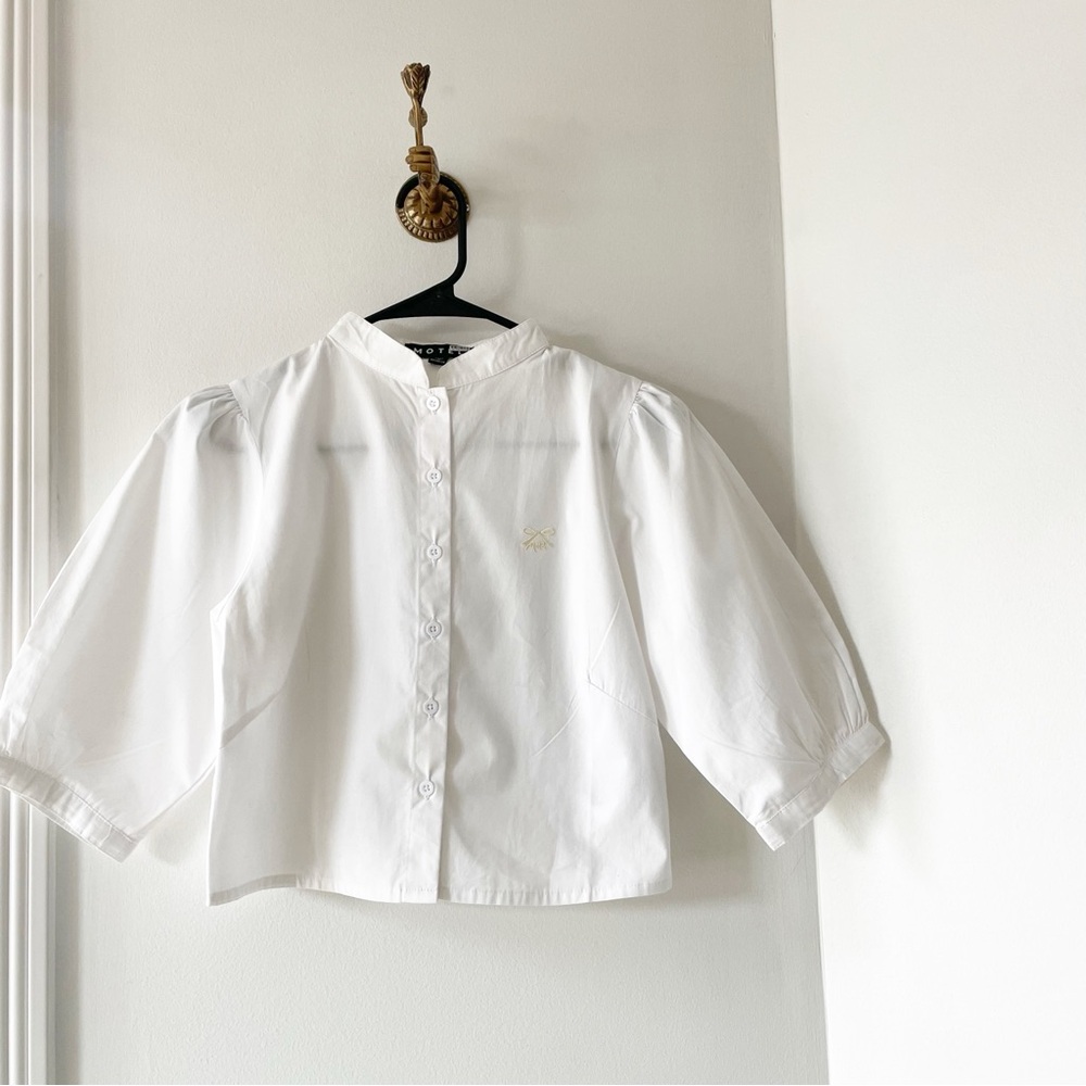 Motel Bow White Puff Sleeve Cropped Button Down Blouse | XS